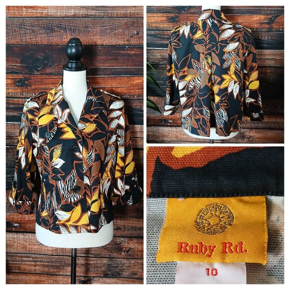 Ruby Rd Jacket Size 10 Cropped Cotton Blazer 3/4 Sleeve Urban Tribe Leaf Print - Picture 1 of 10